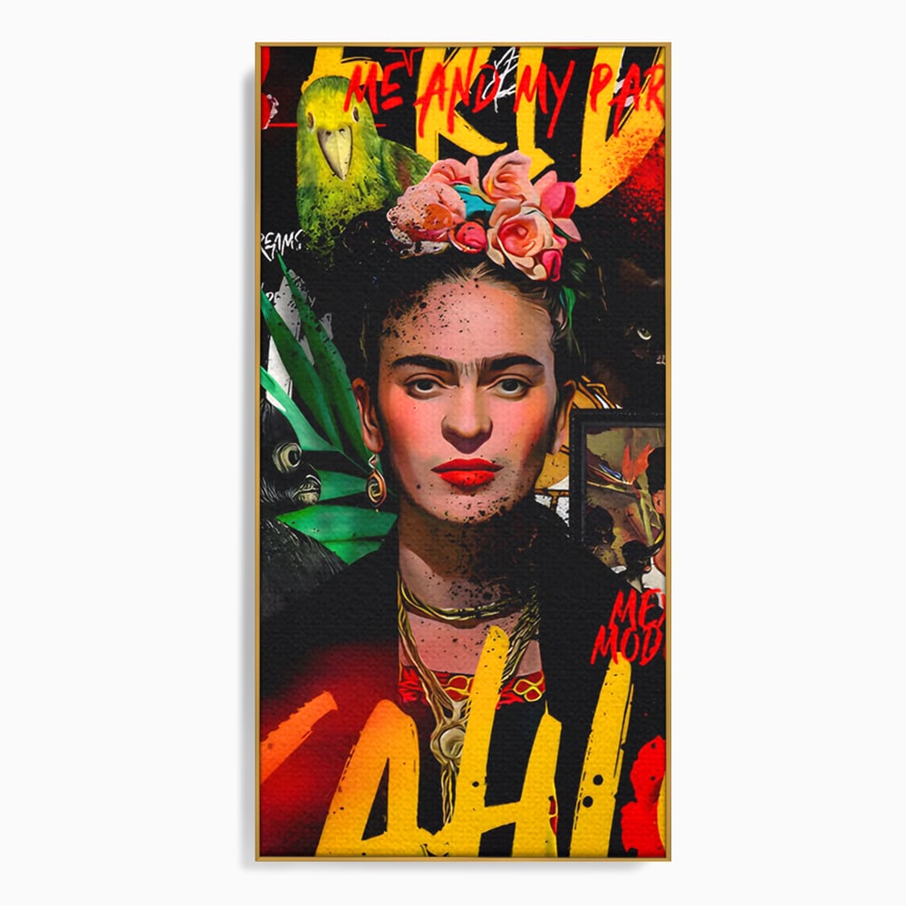 Tablou canvas cu tablou canvas portret frida kahlo, in rama de aluminiu auriu